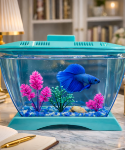 Alternative view of Mini Aquarium with LED Light + Fish + Stone + Food + Tree