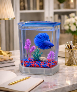 Alternative view of Mini Aquarium with LED Light + Fish + Stone + Food